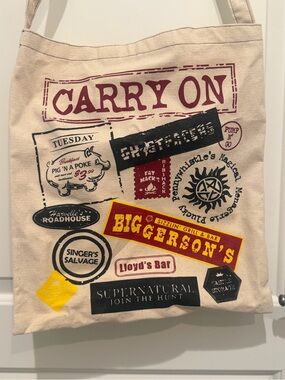Supernatural Carry On Graphic Canvas Tote - Yellow & Burgundy Print